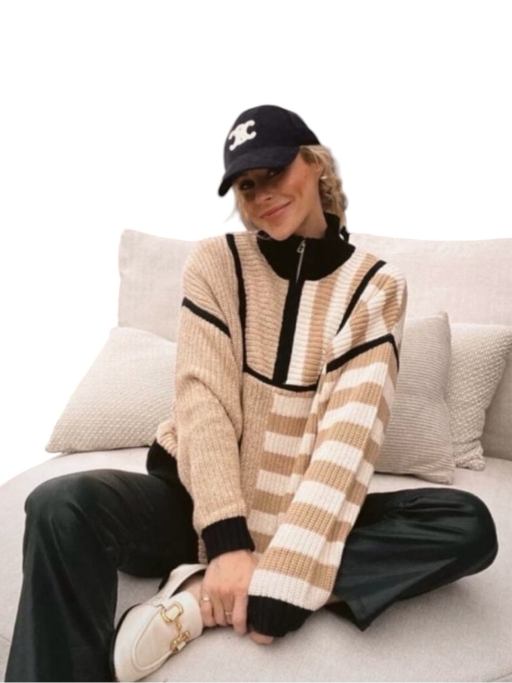 STAUD Hampton Striped Sweater chunky knit Quarter Zip Colorblock Oversized M
